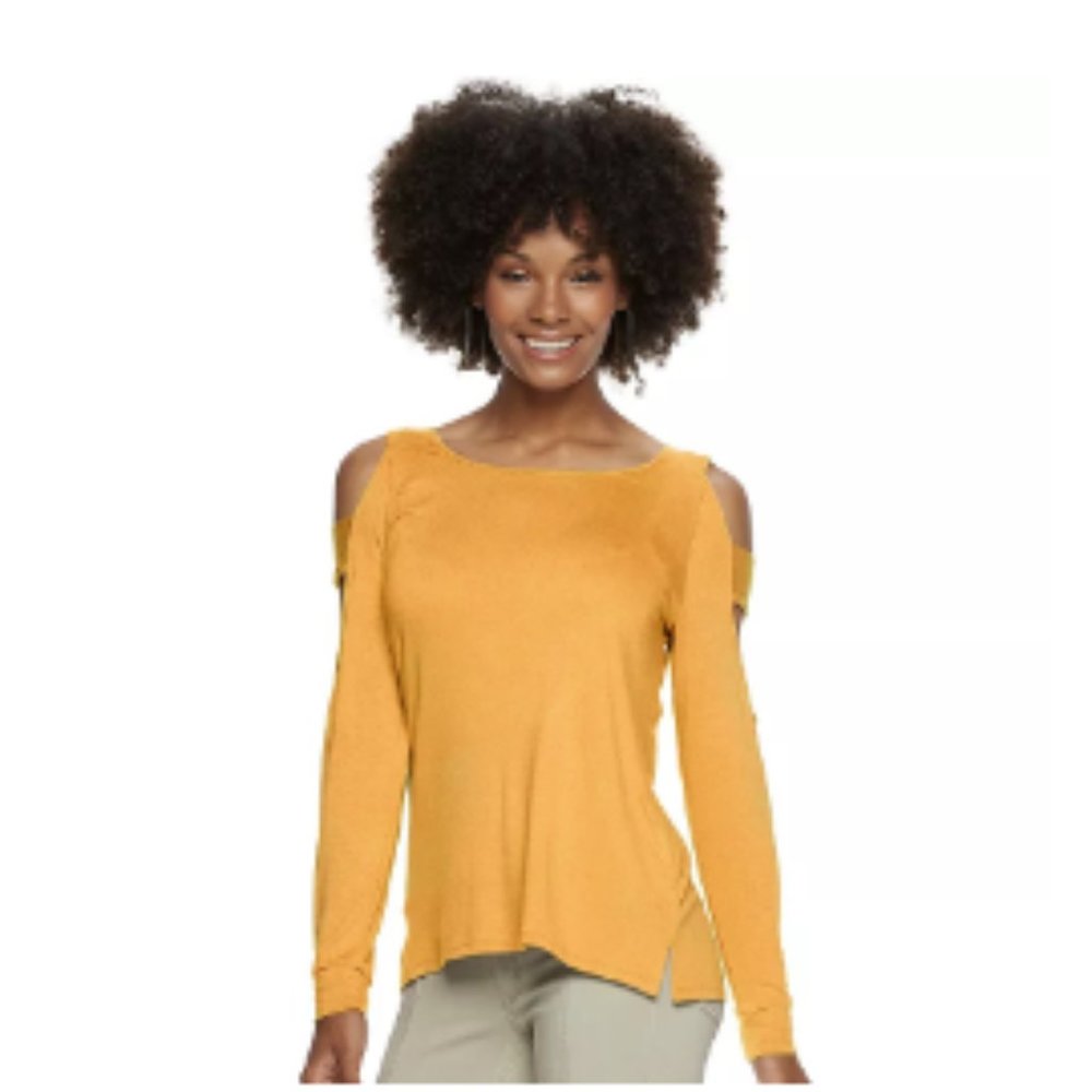 Juniors' Pink Republic Ladder Sleeve Knit Gold Mine Top  - Size: XL,